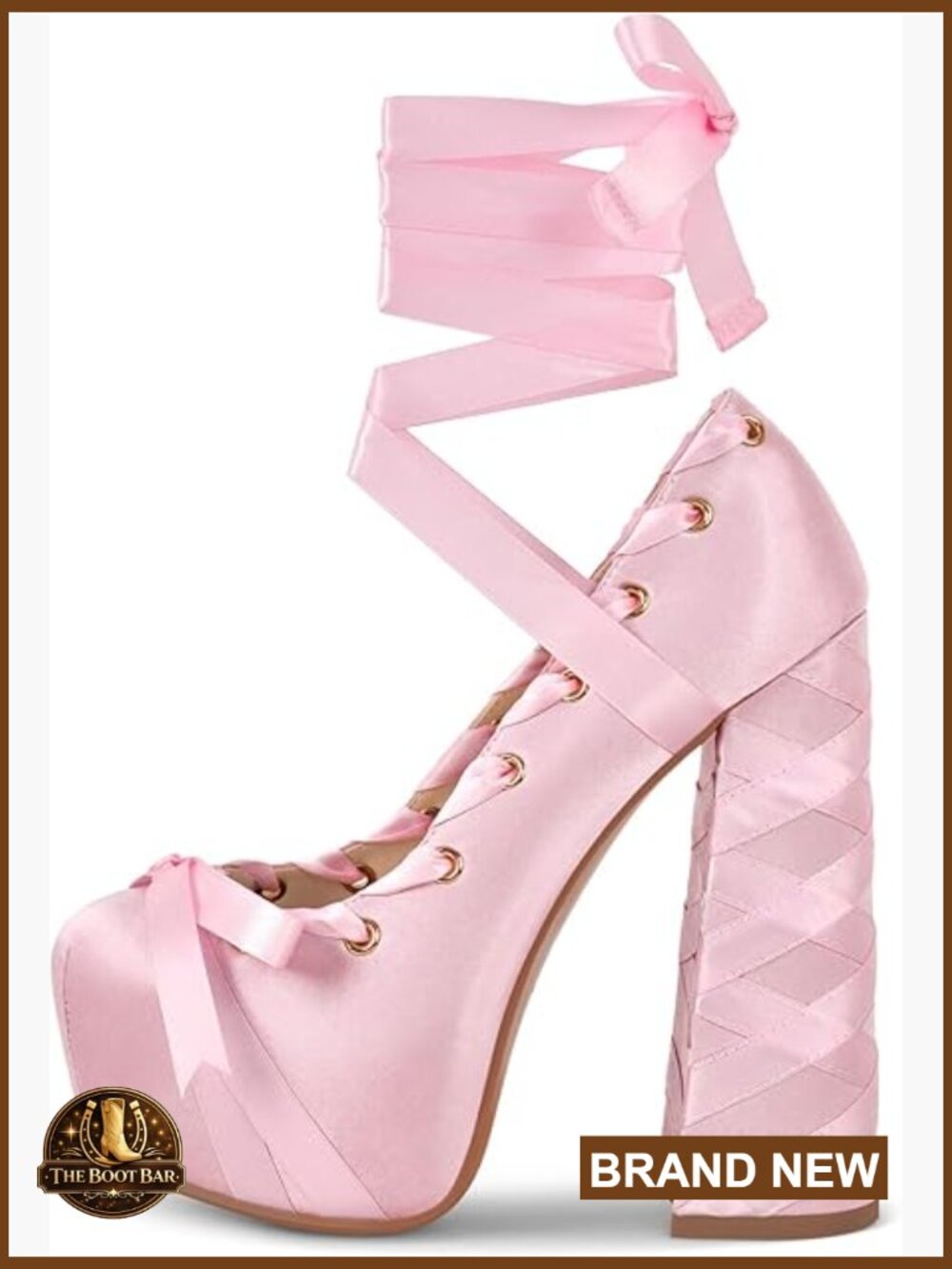 Chunky Bow Ribbon Platform Heels Pumps Lace Up Ankle Strap 15cm Heel